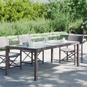 Garden Table 190x90x75 cm Tempered Glass and Poly Rattan