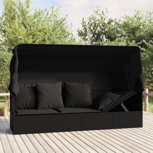 Outdoor Lounge Bed with Roof and Cushions Poly Rattan