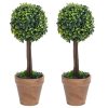 Artificial Boxwood Plants 2 pcs with Pots Ball Shaped Green