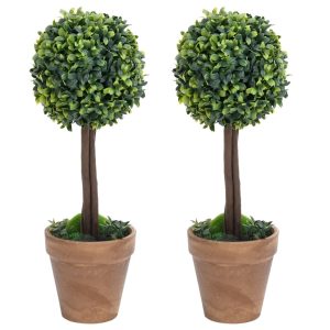Artificial Boxwood Plants 2 pcs with Pots Ball Shaped Green
