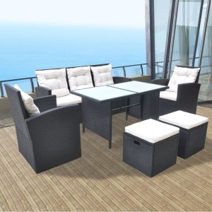 6 Piece Outdoor Dining Set with Cushions Poly Rattan