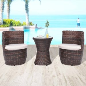 3 Piece Bistro Set with Cushions Poly Rattan