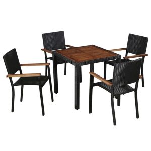 Outdoor Dining Set Poly Rattan and Acacia Wood Black