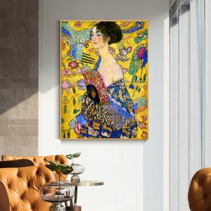 Lady With A fan By Klimt Gold Frame Canvas Wall Art