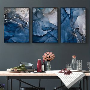 Blue Gold Marble 3 Sets Black Frame Canvas Wall Art