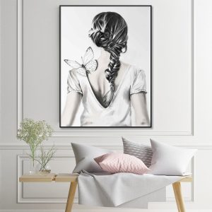 Woman Back With Butterfly Black Frame Canvas Wall Art