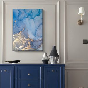 Light Blue Marble With Gold Splash Black Frame Canvas Wall Art