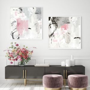 Abstract Pink Grey 2 Sets White Frame Canvas Wall Art