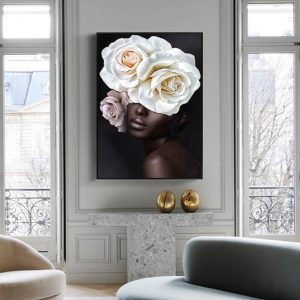 Flower African Woman Black Frame Canvas Wall Art