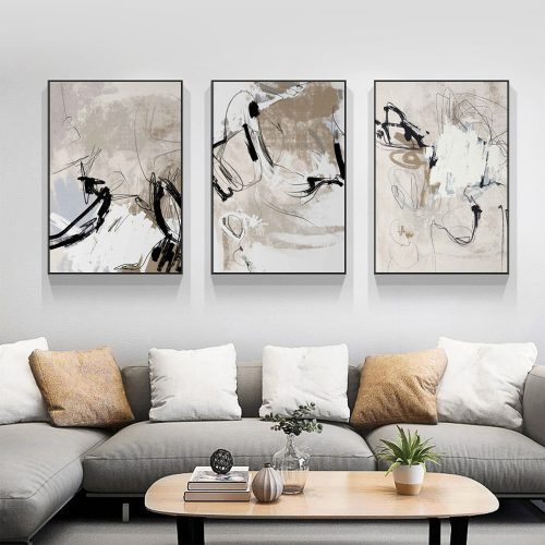 Modern Abstract Beige 3 Sets Black Frame Canvas Wall Art