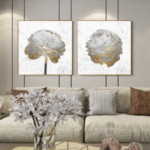 Gold And White On White 2 Sets Gold Frame Canvas Wall Art