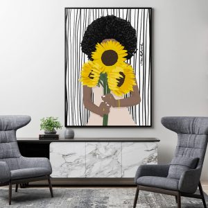 African Woman Sunflower Black Frame Canvas Wall Art