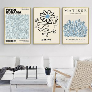Blue Matisse,Yayoi Kusama, Keith Haring Mix Art 3 Sets Gold Frame Canvas Wall Art