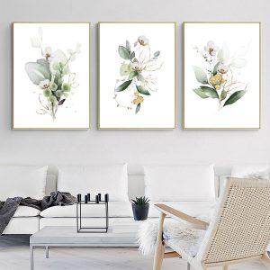 Green and Gold Watercolor Botanical 3 Sets Gold Frame Canvas Wall Art