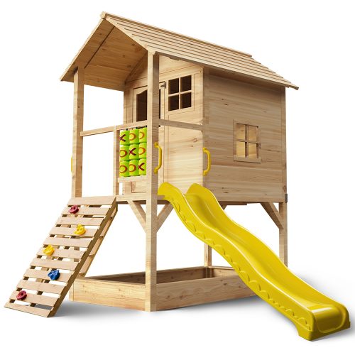 ROVO KIDS Wooden Tower Cubby House with Slide, Sandpit, Climbing Wall, Noughts & Crosses
