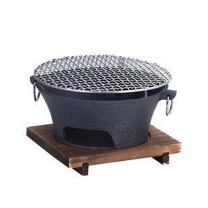Cast Iron Round Stove Charcoal Table Net Grill Japanese Style BBQ Picnic Camping with Wooden Board