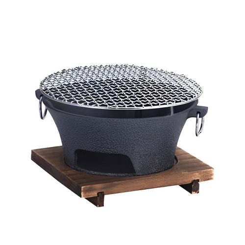 Cast Iron Round Stove Charcoal Table Net Grill Japanese Style BBQ Picnic Camping with Wooden Board