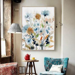 Colourful Floras Watercolour style I Gold Frame Canvas Wall Art