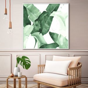 Tropical Leaves Square Size White Frame Canvas Wall Art