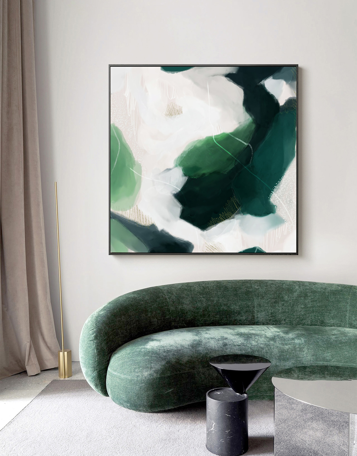 French Abstract Green Black Frame Canvas Wall Art