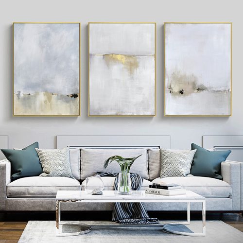 Abstract golden white 3 Sets Gold Frame Canvas Wall Art