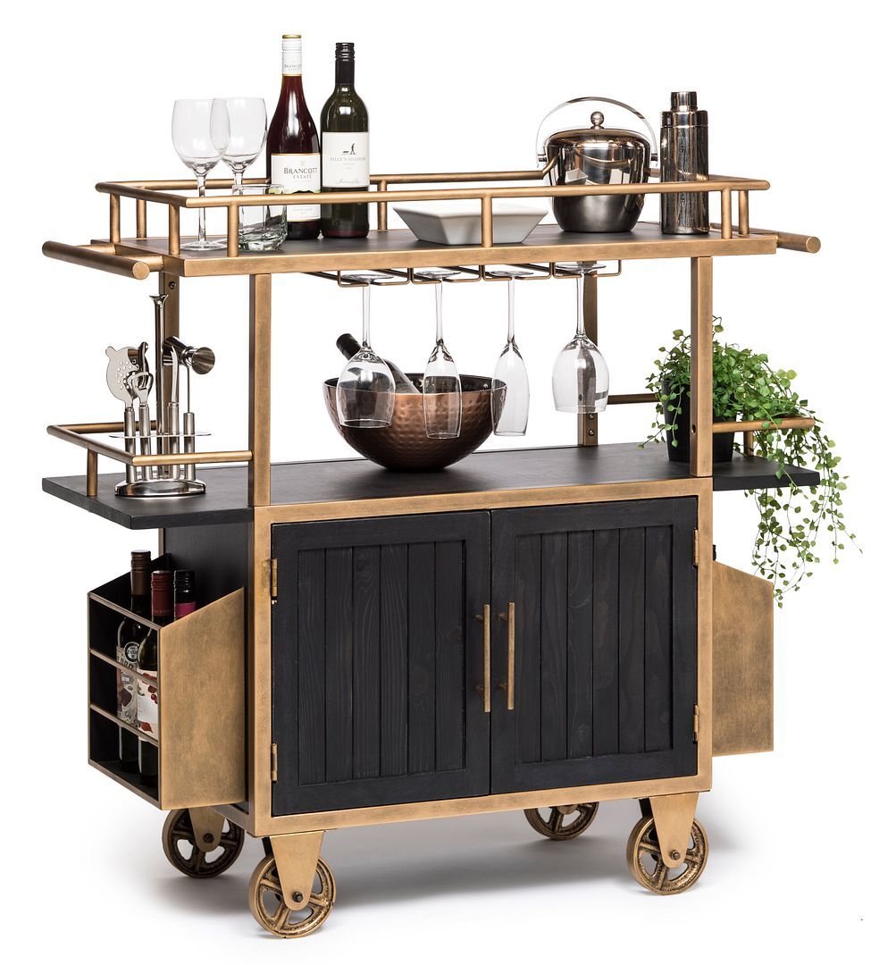 French Brass and Black Drinks Trolley Bar Cart with Bottle Rack Storage