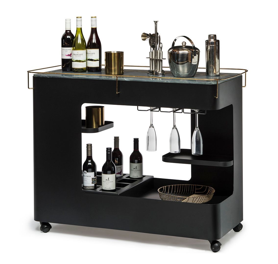 Large Contemporary Black Gold Drinks Trolley Bar Cart with Marble Top and Stemware Rack