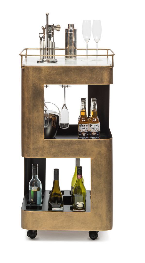 Contemporary French Brass Drinks Trolley Bar Cart with White Marble Top