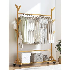 Portable Clothes Rack Coat Garment Stand Bamboo Rail Hanger Airer Closet,
