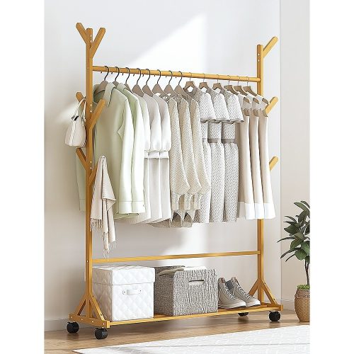 Portable Clothes Rack Coat Garment Stand Bamboo Rail Hanger Airer Closet,