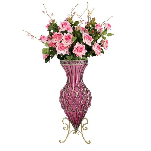 67cm Glass Tall Floor Vase and 12pcs Pink Artificial Fake Flower Set