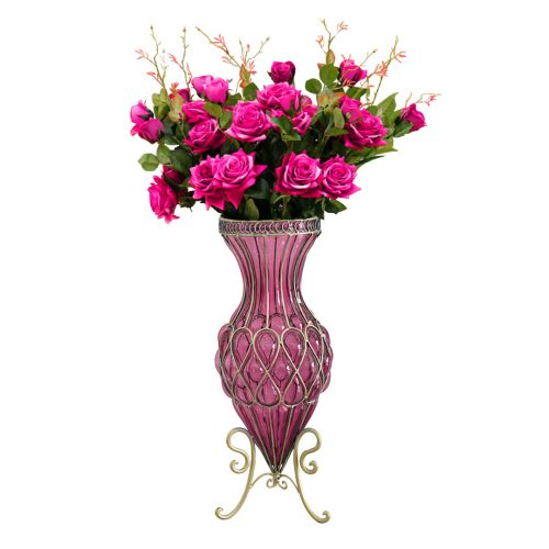 67cm Glass Tall Floor Vase and 12pcs Dark Pink Artificial Fake Flower Set