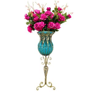 85cm Glass Tall Floor Vase and 12pcs Dark Pink Artificial Fake Flower Set