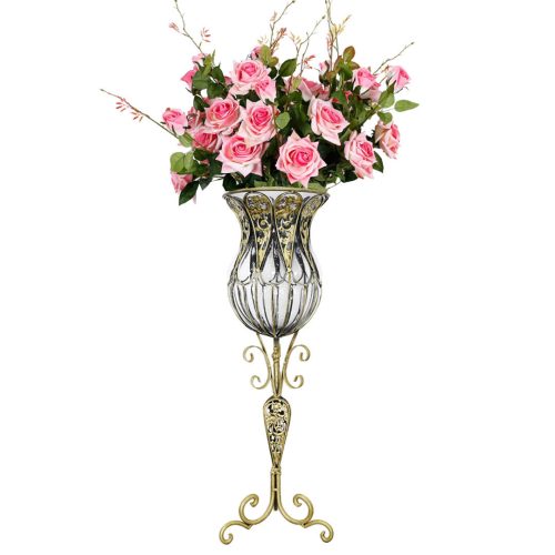 85cm Glass Tall Floor Vase and 12pcs Pink Artificial Fake Flower Set