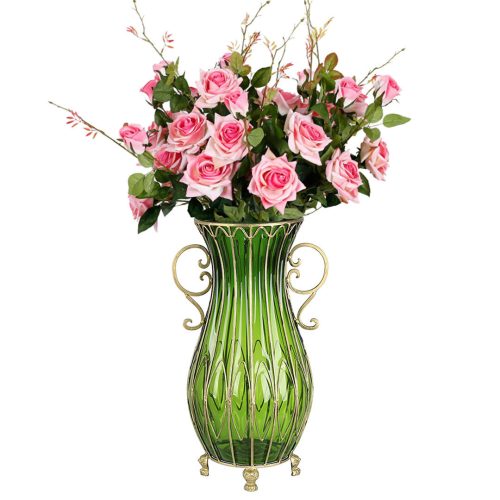 51cm Glass Tall Floor Vase with 12pcs Pink Artificial Fake Flower Set