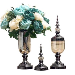 2 x Clear Glass Flower Vase with Lid and Blue Flower Filler Vase Set