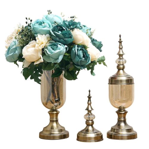 2 x Clear Glass Flower Vase with Lid and Blue Flower Filler Vase Set