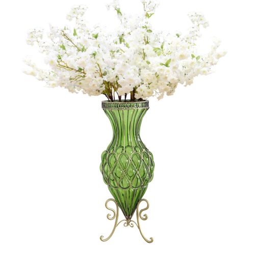 67cm Glass Tall Floor Vase with 10pcs White Artificial Fake Flower Set – Green