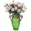 Green Glass Flower Vase with 8 Bunch 5 Heads Artificial Fake Silk Rose Home Decor Set