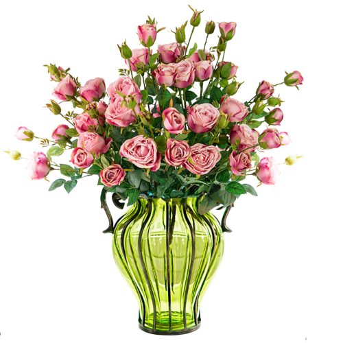 Green Colored Glass Flower Vase with 10 Bunch 6 Heads Artificial Fake Silk Rose Home Decor Set