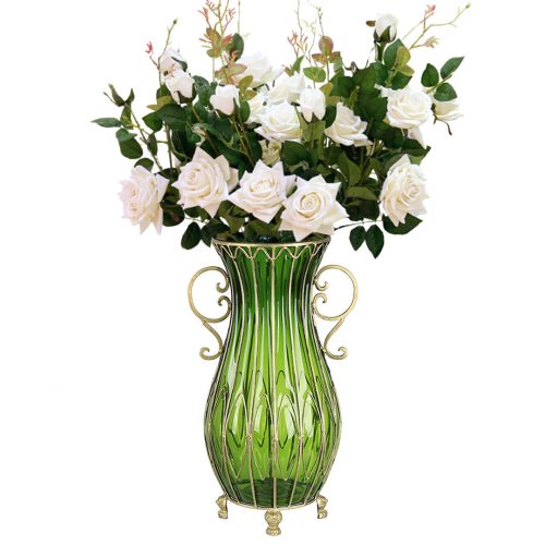51cm Glass Tall Floor Vase with 12pcs White Artificial Fake Flower Set – Green