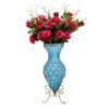 67cm Glass Tall Floor Vase and 12pcs Dark Pink Artificial Fake Flower Set – Blue