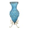 65cm Glass Tall Floor Vase with Metal Flower Stand – Blue