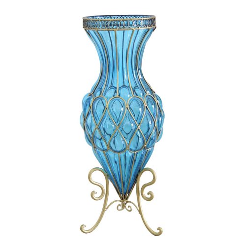 65cm Glass Tall Floor Vase with Metal Flower Stand – Blue