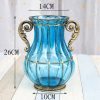 Blue Colored Glass Flower Vase with 10 Bunch 6 Heads Artificial Fake Silk Rose Home Decor Set