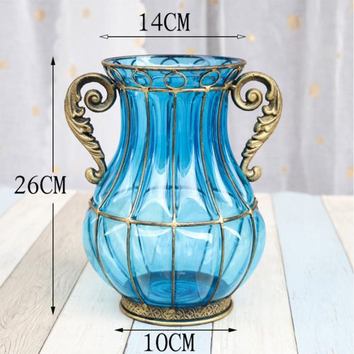 Blue Colored Glass Flower Vase with 8 Bunch 3 Heads Artificial Fake Silk Hibiscus Home Decor Set