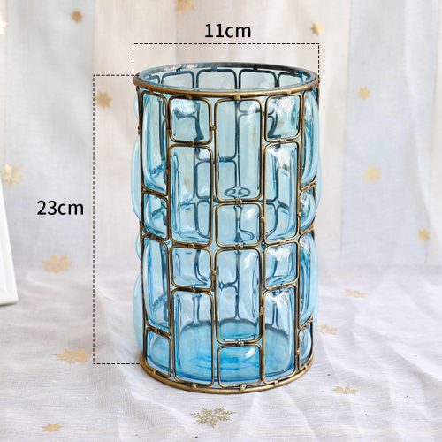 Blue Glass Cylinder Flower Vase with 8 Bunch 5 Heads Artificial Fake Silk Rose Home Decor Set