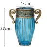 Blue Colored Glass Flower Vase with 4 Bunch 11 Heads Artificial Fake Silk Rose Home Decor Set