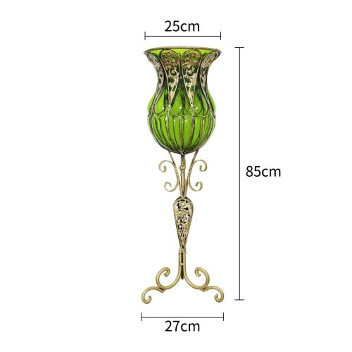 85cm Glass Floor Vase with Tall Metal Flower Stand – Green