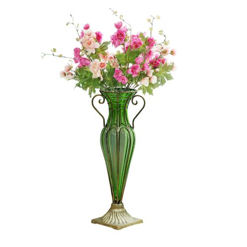 Green Colored European Glass Flower Vase Solid Base with Two Gold Metal Handle